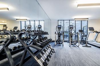 a gym with cardio equipment and glass windows